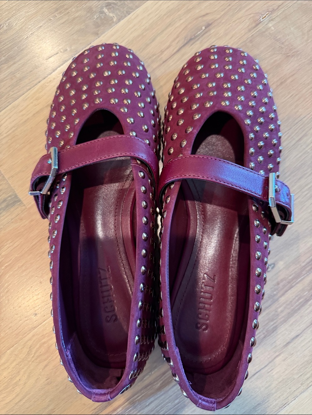 SCHUTZ Eiza Shine Vino Burgundy Studded Mary Jane Flats with Buckle - Picture 7 of 8